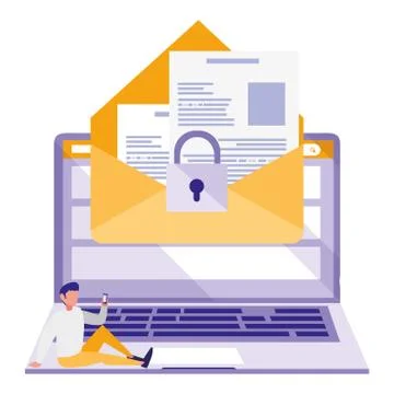 Man using laptop with envelope and padlock Stockillustratie