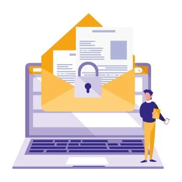 Man using laptop with envelope and padlock 스톡 일러스트