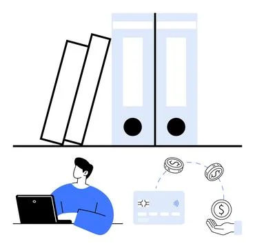 Man Using Laptop with Files, Credit Card, and Currency Icons Highlighting F.. Stock Illustration