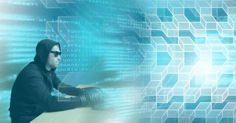 Man using laptop with geometric code transition 库存照片