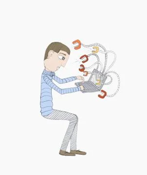 A man using a laptop with mouths attached to cables イラスト素材