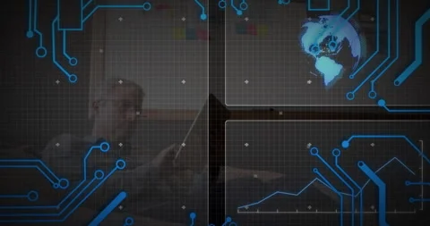 Man using laptop in office, showing technology overlay with animated circuit Stock Footage 308603197