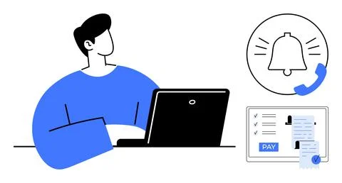 Man using laptop for online task management with notification and payment r.. Stockillustratie