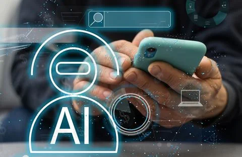 Man using Laptop or Smartphone With Chat with AI, Artificial Intelligence Stock Photos