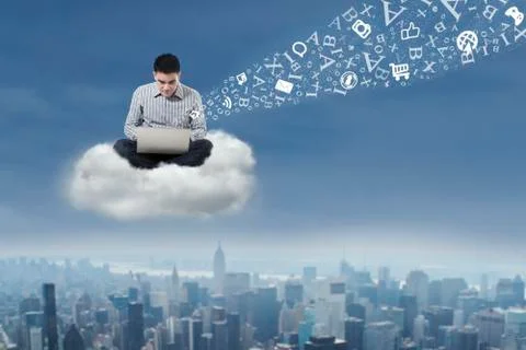 Man using laptop over cloud Stock Illustration