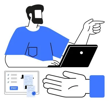 Man using laptop with pointing gesture, payment form and hand icon in blue .. Stock Illustration