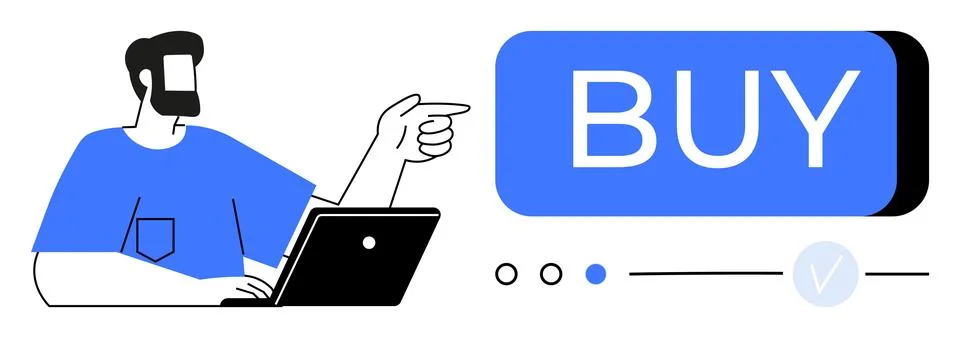 Man Using Laptop Pointing to Large BUY Button with Progress Indicators Stock Illustration