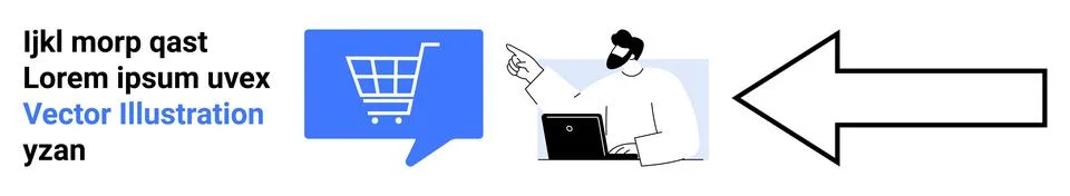Man using a laptop pointing right, speech bubble with shopping cart symbol, a Illustrazione stock