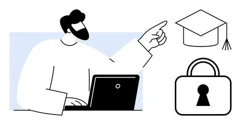 Man using laptop points at graduation cap and padlock. Ideal for education, o Stock Illustration