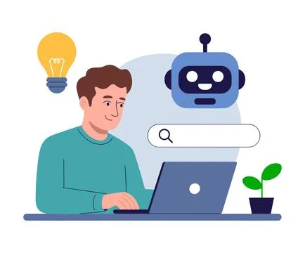 Man using a laptop with a robot icon and lightbulb on a white background. Illustrazione stock