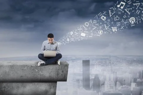 Man using laptop on rooftop  Illustrazione stock