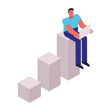 Man using laptop seated in statistics bars Stock Illustration
