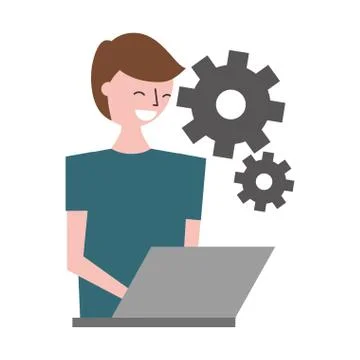 Man using laptop settings gears Illustrazione stock
