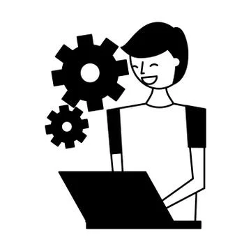 Man using laptop settings gears Stockillustratie