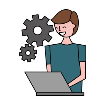 Man using laptop settings gears Illustrazione stock