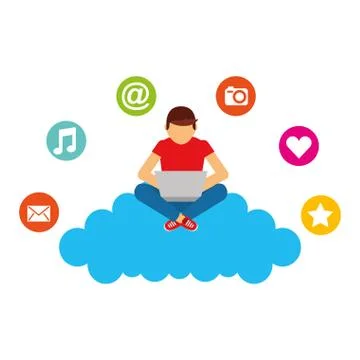 Man using laptop sitting on cloud computing social media Illustrazione stock