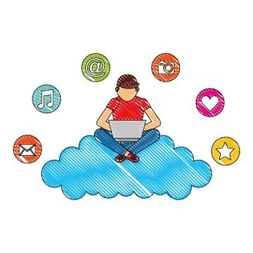 Man using laptop sitting on cloud computing social media Stock-Illustration