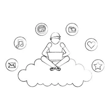 Man using laptop sitting on cloud computing social media Stock Illustration