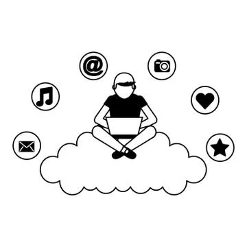 Man using laptop sitting on cloud computing social media Illustrazione stock