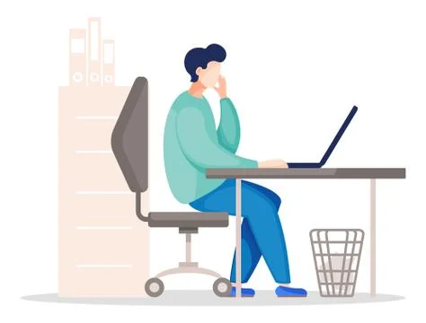 Man using laptop sitting at table in the office looking at screen, vector flat Illustrazione stock