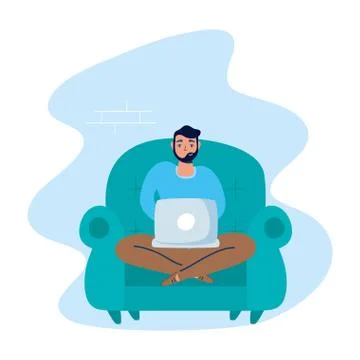Man using laptop in sofa stay at home campaign Stock-Illustration