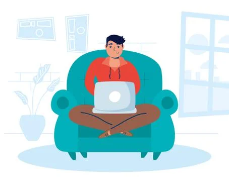 Man using laptop in sofa stay at home campaign Stock Illustration