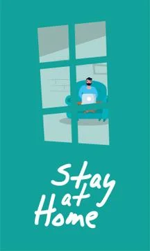 Man using laptop in sofa stay at home campaign Ilustración de archivo