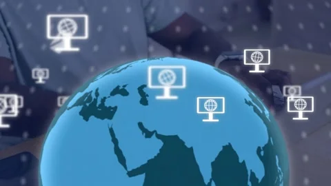 Man using laptop starting tech globe overlay, forming rotating grid and floating Stock Footage 334465730