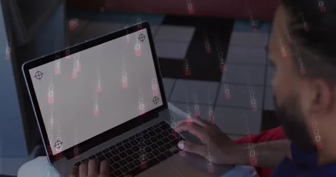 Man using laptop trackpad and keyboard in home tech causing red lock overlay Stock Footage 330396645