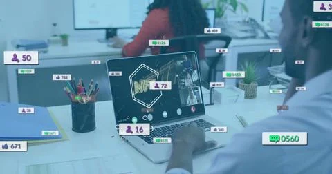 Man using laptop trackpad and causing floating metrics during NFT slide while Stock Photos
