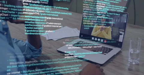 Man using laptop trackpad in tech call, navigating call window reviewing code Stock Footage 328469573