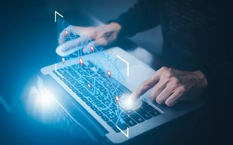 Man using laptop with virtual world and model map with location point , GPS a Stock Photos