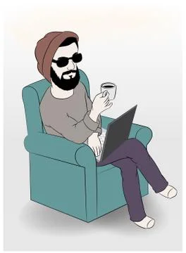 Man using laptop while having coffee on sofa, vector illustration Stock Illustration