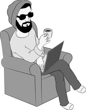 Man using laptop while having coffee on sofa, vector illustration Stock Illustration