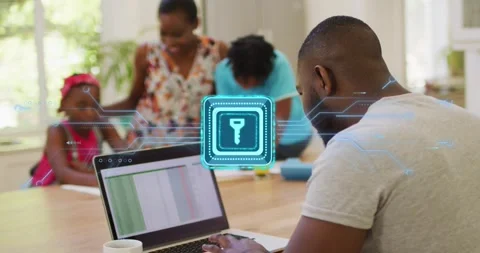 Man using laptop while woman aiding kids writing, tech overlay appearing over Stock Footage 329750548
