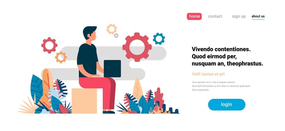 Man using laptop working process cogwheel background flat horizontal copy space Stock Illustration
