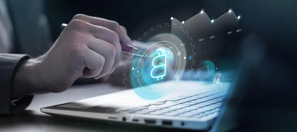 Man using laptop works with bitcoin infographics Stock Illustration