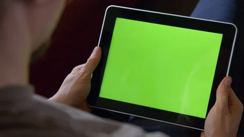 Man Using Large Tablet Green Screen 4k Stock Footage 86925630
