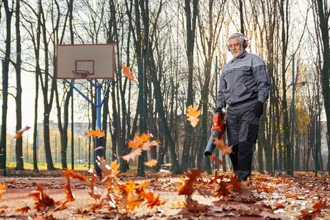 Man using leaf blower, while leaves curling around. Stock Photos