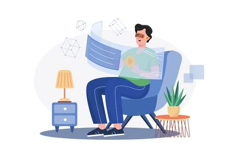 Man Using Leisure Time Enjoying Wearing VR Glasses 스톡 일러스트