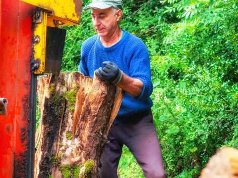 Man using log splitter near a wood shed Stock Photos
