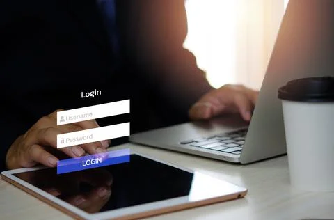 Man using login interface on touch screen. user name and password inputs on v Stock Photos