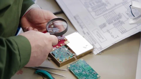 A man using a magnifying glass checks quality of soldering on an electronic Stock Footage 129999840