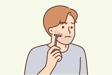Man using manual razor cuts himself during morning skincare routine due to Stock Illustration