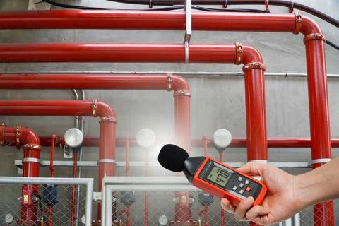 Man is using a measuring sound level of a fire extinguishing system.Noise p.. Stock Photos