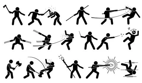 Man using medieval war weapons to attack and fight. Illustrazione stock