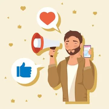 Man using megaphone social media Stock Illustration