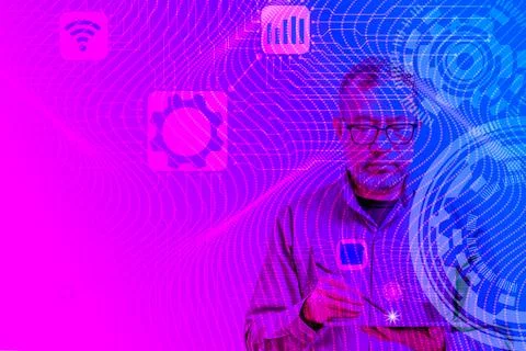 A man using Metaverse digital cyber world technology with a pen for tablet .. Stock Photos