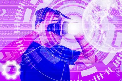 A man using Metaverse digital cyber world technology with wearing and holdi.. Stock Photos