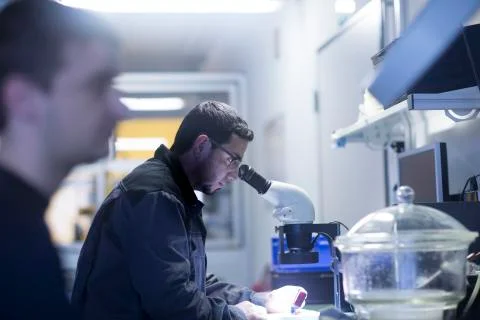 Man using a microscope in a sensor technology plant Stock Photos